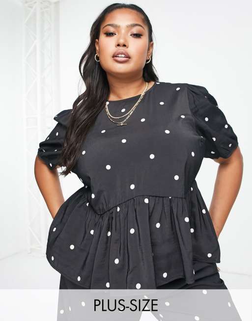 Pieces Curve puff sleeve top co-ord in black polka dot