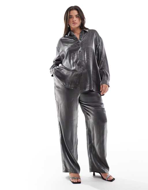 Pieces Curve pull on pants in metallic grey (part of a set)
