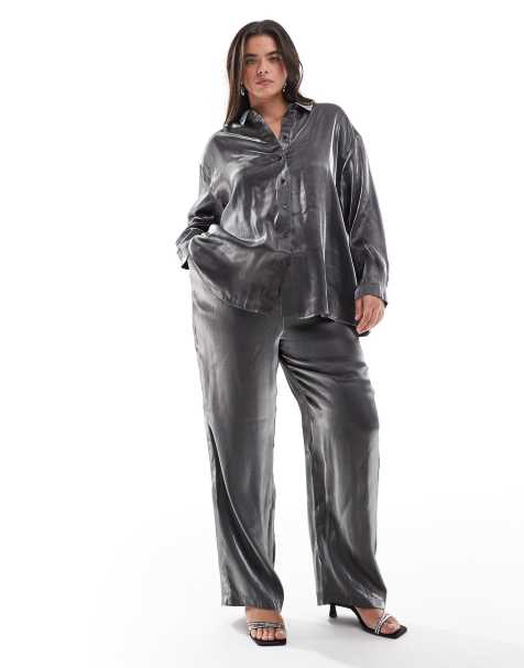 Pieces Curve pull on trouser co-ord in metallic grey - view 1