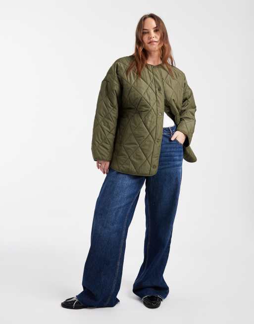 Pieces Curve quilted lightweight jacket in khaki, 4 of 4