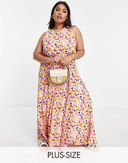 Pieces Curve racer neck maxi dress in bright print