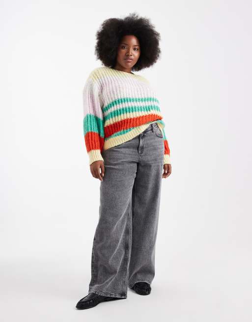 Pieces Curve retro stripe knitted jumper in multi, 2 of 4