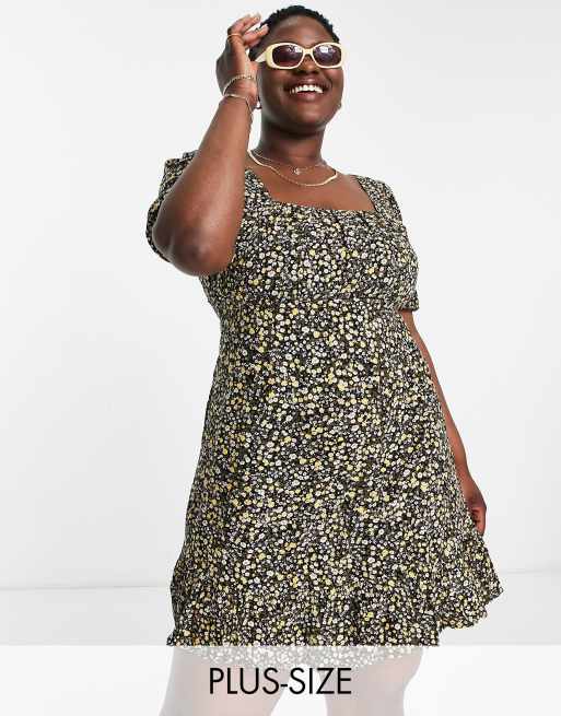 Pieces Curve - Robe courte à fleurs nouée dans le dos - Noir et jaune