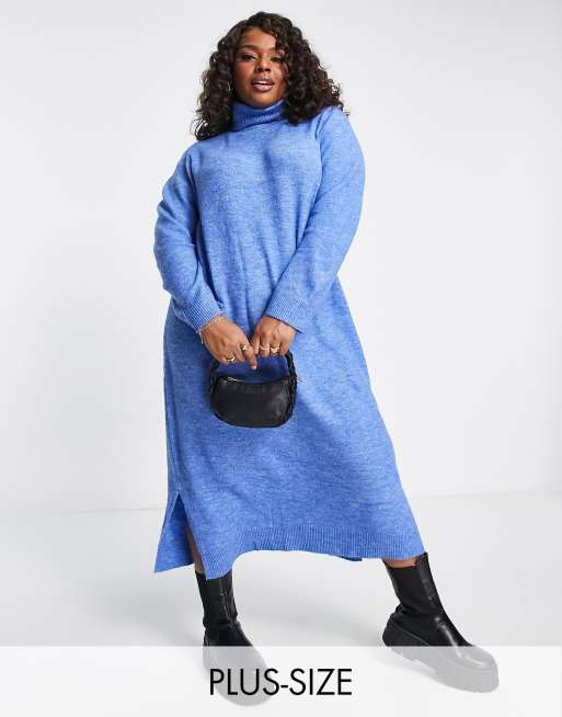 Pieces Curve roll neck knitted midi jumper dress in bright blue ASOS