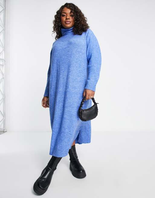 Pieces Curve roll neck knitted midi jumper dress in bright blue ASOS