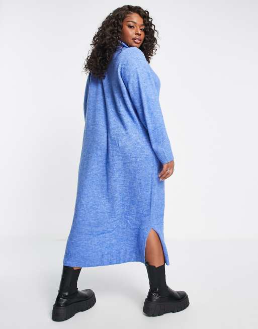 Pieces Curve roll neck knitted midi sweater dress in bright blue | ASOS