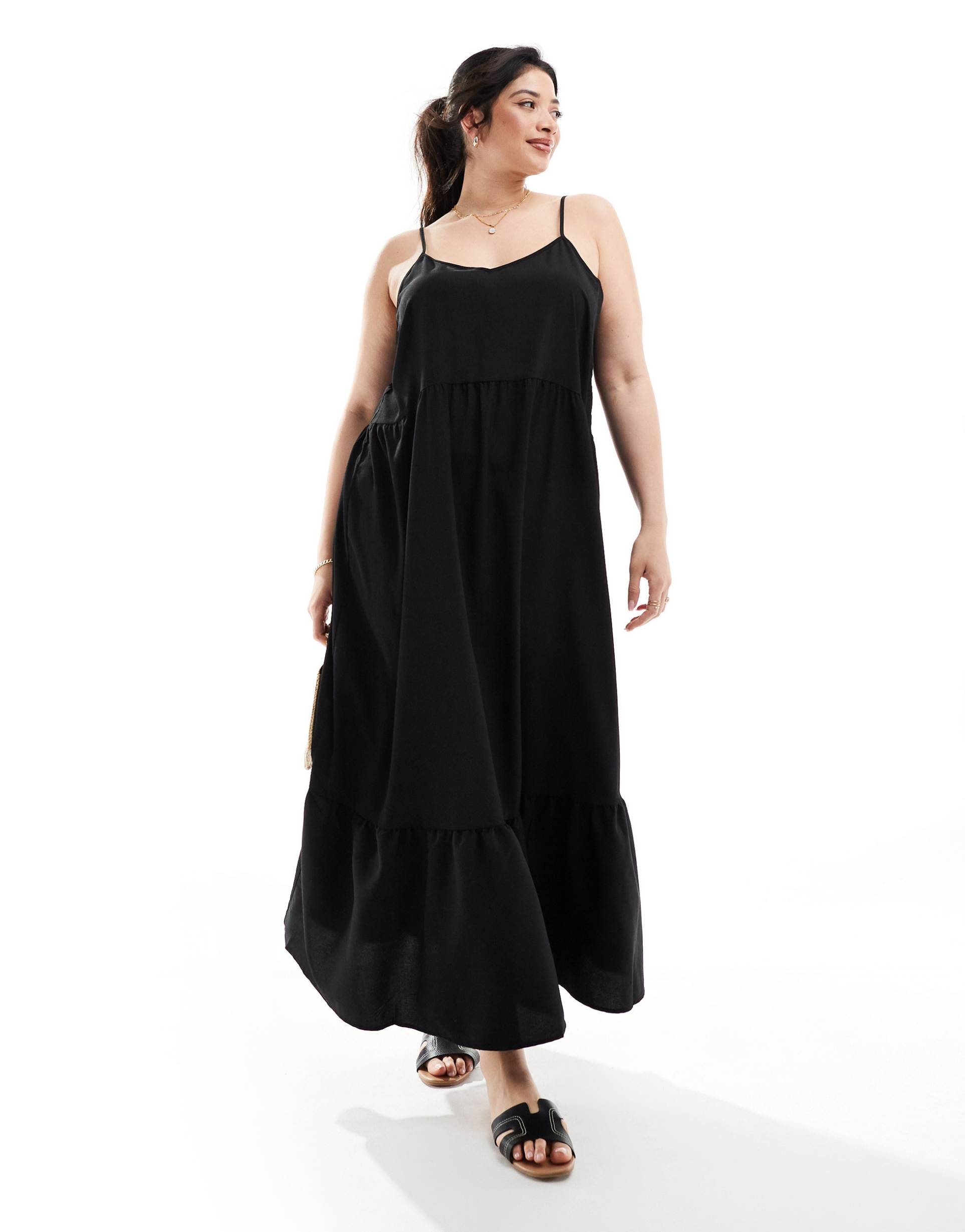 pieces curve ruffle bottom maxi dress in black