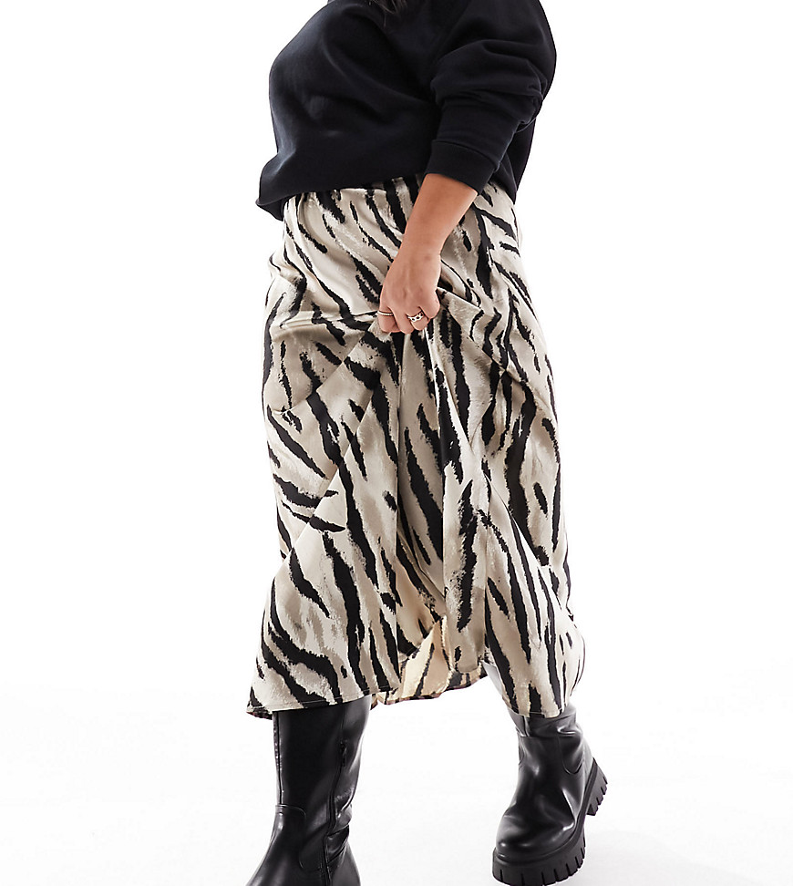Pieces Plus Pieces Curve Satin Midi Skirt In Light Brown Zebra Print