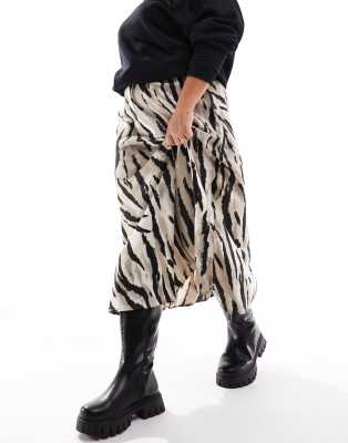 Pieces Curve - Satin-Midirock mit hellbraunem Zebramuster