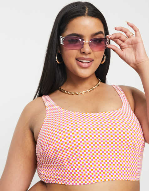 Pieces Curve scoop neck bikini top in pink checkerboard - view 1