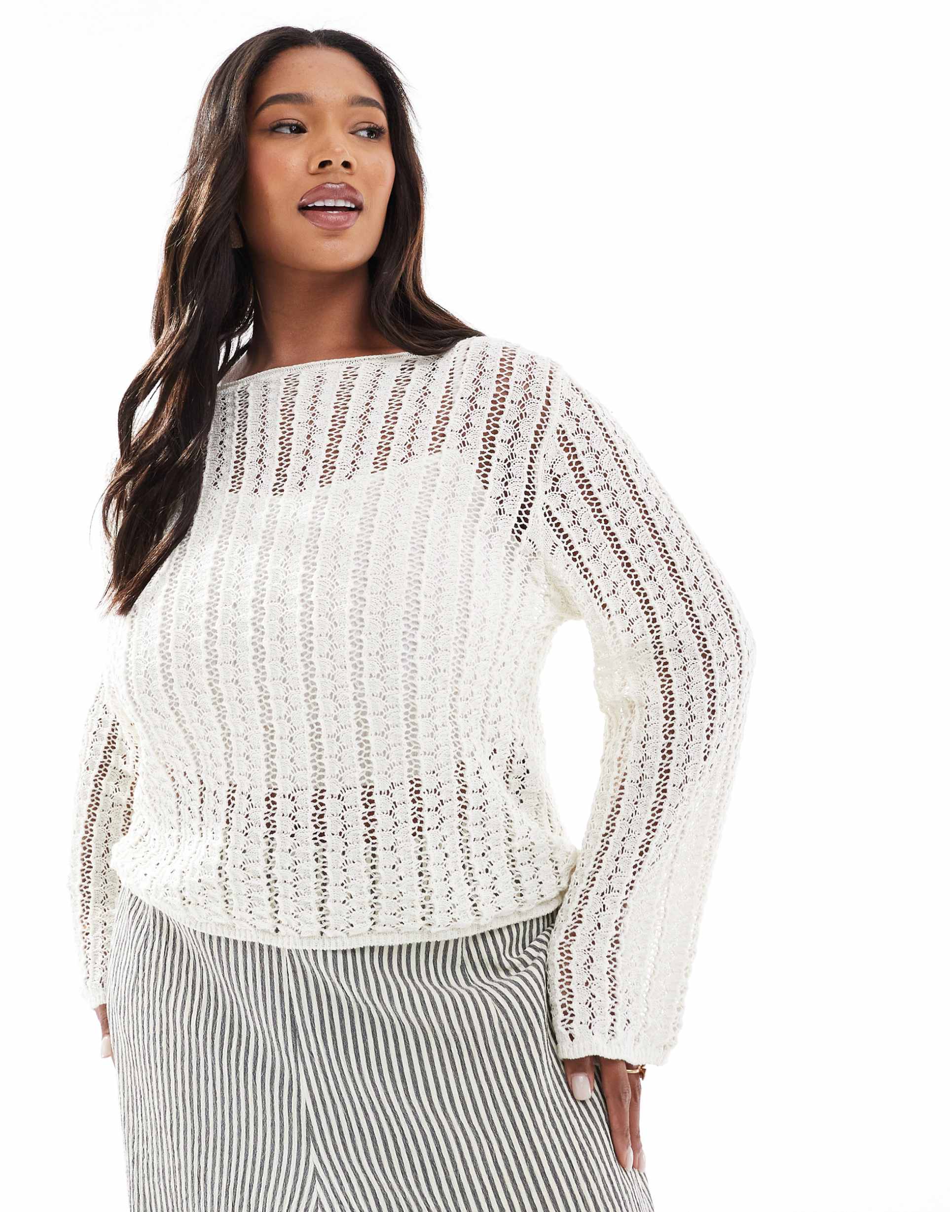 pieces curve self stripe crochet knit crop top in cloud white
