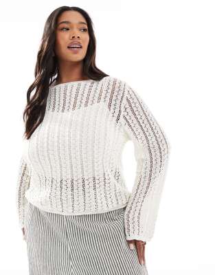 Pieces Plus Pieces Curve self stripe crochet knit cropped top in cloud white