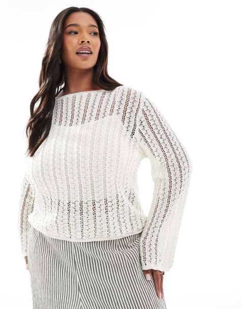 Pieces Curve self stripe crochet knit cropped top in cloud white - view 1