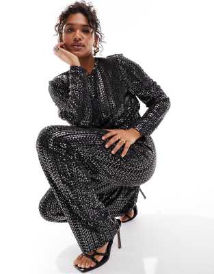 Pieces Curve sequin high waisted trousers co-ord in black - view 1