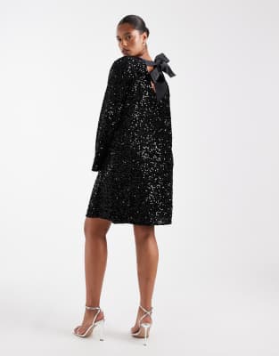 Pieces Curve sequin mini dress with ribbon bow back in black