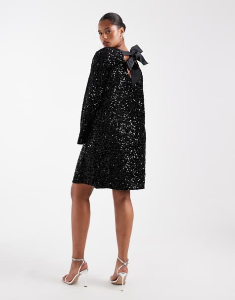 Pieces Curve sequin mini dress with ribbon bow back in black - view 1