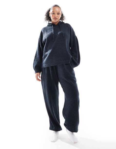 Pieces Curve - Set van behaaglijke gebreide hoodie en joggingbroek met aansluitende boorden in gemêleerd marineblauw - view 1