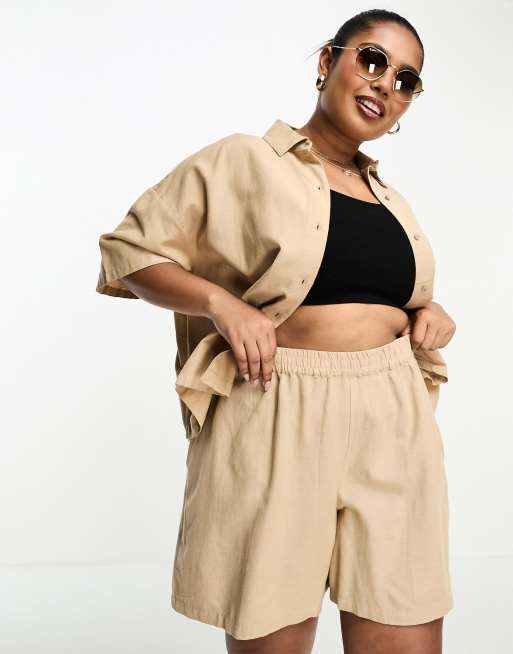 Pieces Curve - Short d'ensemble en lin coupe carrée - Beige