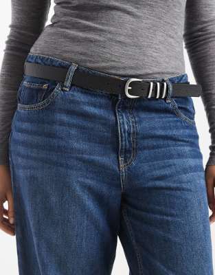 Pieces Plus Pieces Curve Silver Buckle Belt In Black
