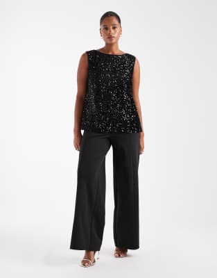 Pieces Plus Pieces Curve Slash Neck Sequin Top In Black
