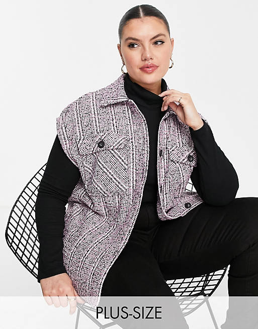 Coats & Jackets Pieces Curve sleeveless shacket in pink & grey check 