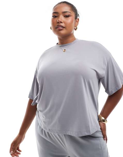 Pieces Curve slinky super soft boxy t-shirt co-ord in grey - view 1