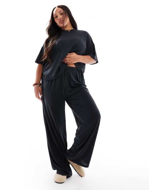 Pieces Curve slinky super soft wide leg trouser co-ord in black - view 1