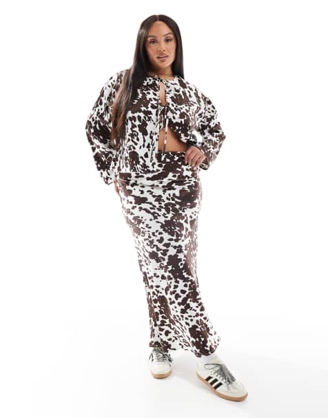 Pieces Curve slip maxi skirt co-ord in cow print