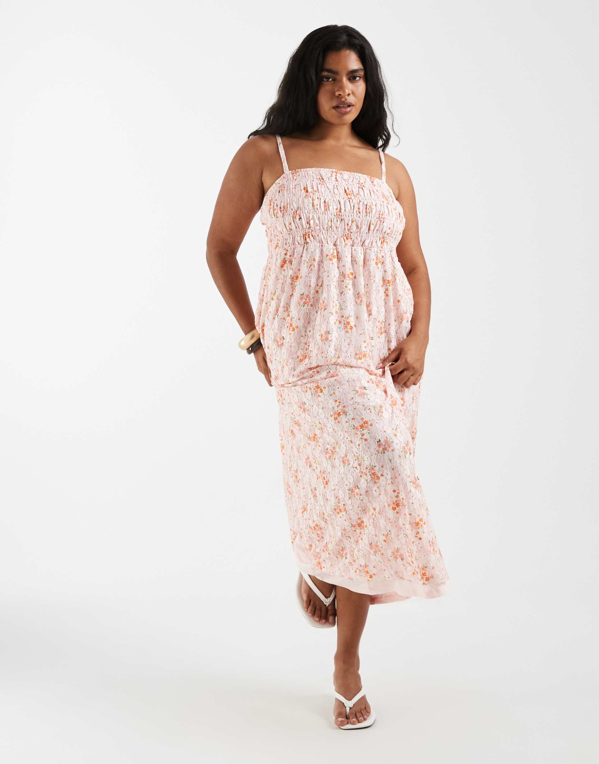 pieces curve smocked lace cami maxi dress in pink ditsy floral print
