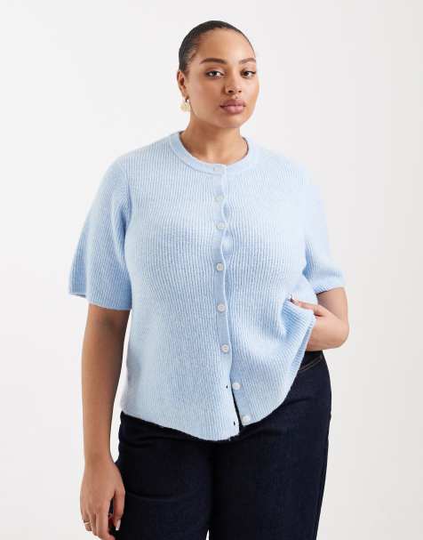 Pieces Curve soft knit short sleeve cardigan in blue - view 1
