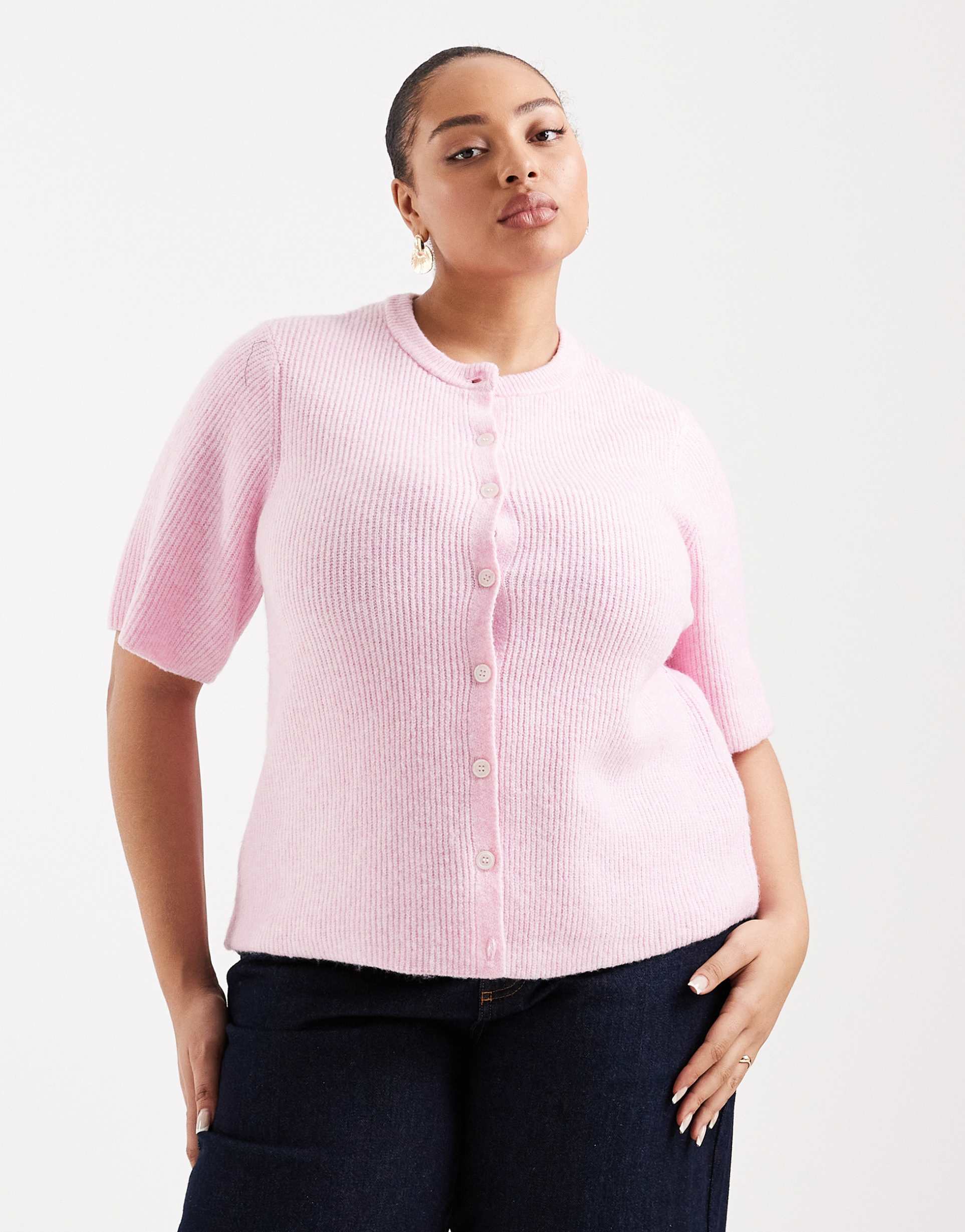 pieces curve soft knit short sleeve cardigan in rose pink
