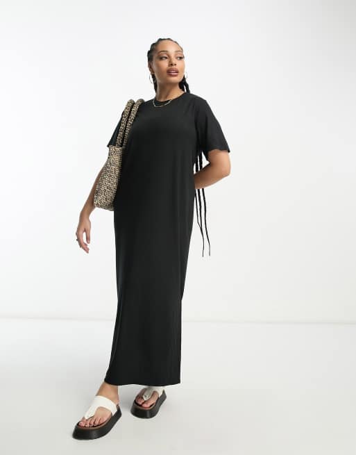 Pieces Curve - Sort ribstrikket maxi-T-shirtkjole