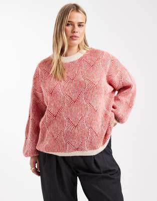 Pieces Curve - Strickpullover in kontrastierendem Rot und Creme mit Struktur