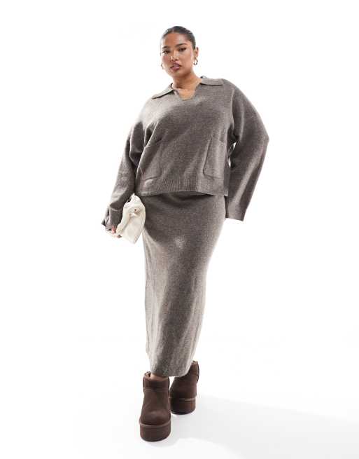 Pieces Curve – Strickset in Taupe mit Pullover und Rock