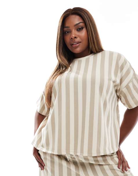 Pieces Curve striped short sleeve sweatshirt co-ord in beige