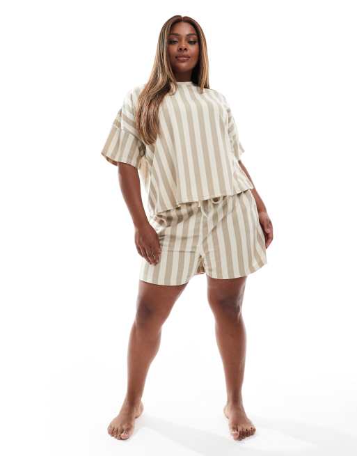 PIECES Curve striped short sleeve sweatshirt in beige (Part of a set), 2 of 4