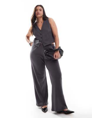 Pieces Curve structured jersey high waisted pants in magnet gray - part of a set