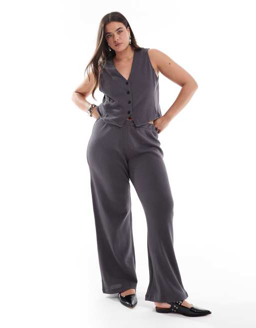 Pieces Curve structured jersey vest and high waist pants set in magnet gray
