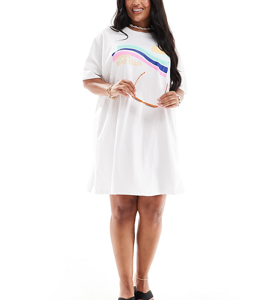Pieces Plus Pieces Curve 'surf Club' Beach T-shirt Mini Dress In White