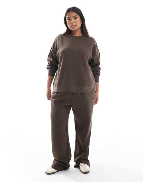 Pieces Curve sweat and wide leg jogger co-ord in chocolate brown - view 1