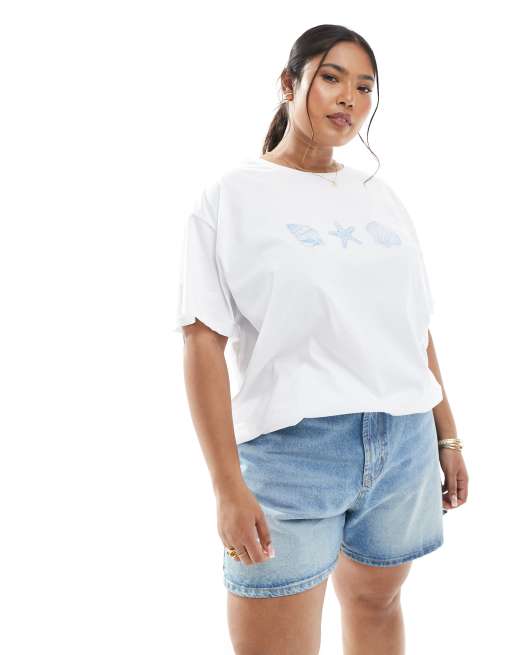 Pieces Curve - T-shirt oversize avec motif 3 coquillages - Blanc, 4 de 4