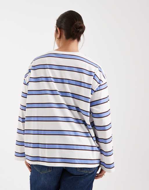 Pieces Curve - T-shirt oversize style maillot de rugby à manches longues et rayures - Bleu multicolore, 4 de 4
