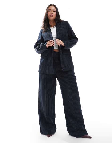 Pieces Curve tailored blazer and pants set in black pinstripe - view 1