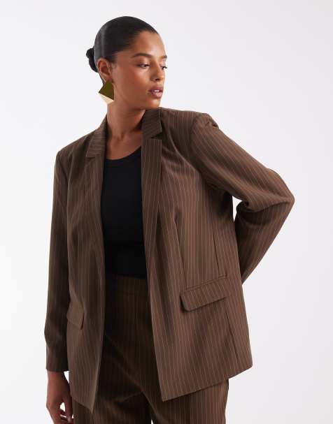 Pieces Curve tailored blazer co-ord in chocolate pinstripe - view 1