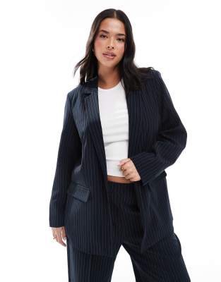 Pieces Plus Pieces Curve tailored blazer co-ord in navy pinstripe-Black