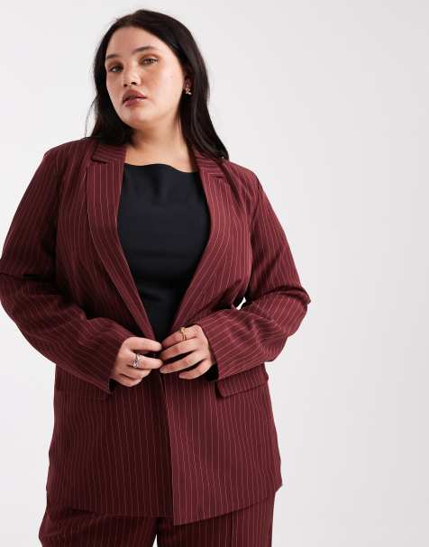 Pieces Curve tailored blazer in burgundy pinstripe (part of a set) - view 1