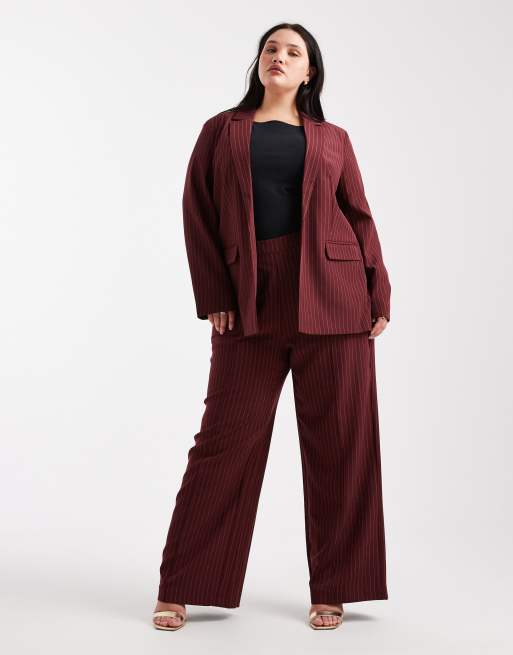 Pieces Curve tailored blazer in burgundy pinstripe - part of a set