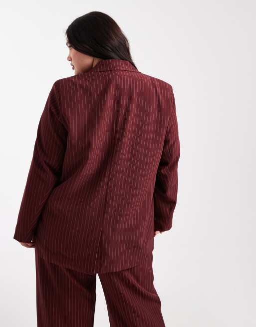Pieces Curve tailored blazer in burgundy pinstripe - part of a set