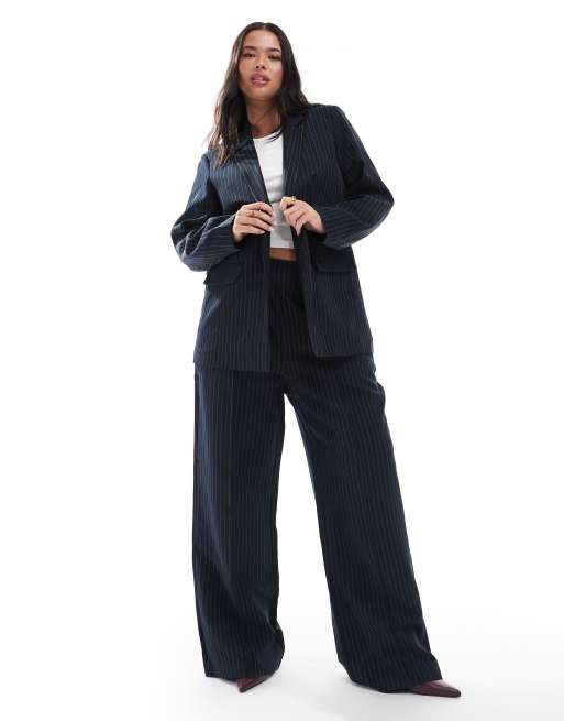 Pieces Curve tailored blazer in navy pinstripes - part of a set