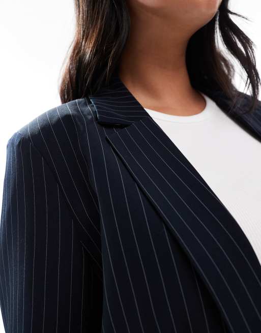 Pieces Curve tailored blazer in navy pinstripes - part of a set, 3 of 4